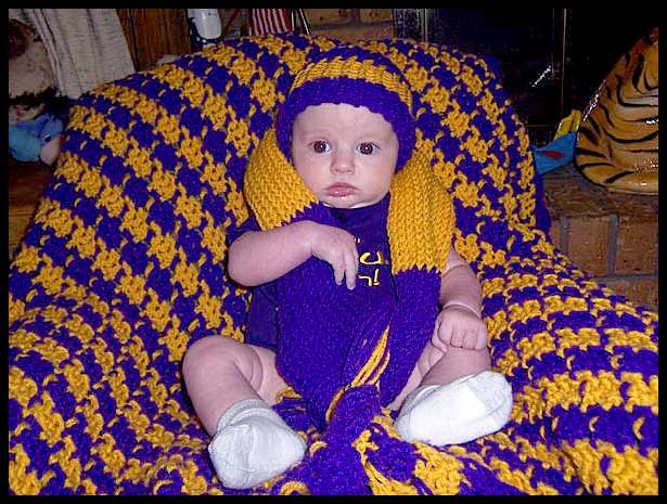 Infant's LSU Hat & Scarf on baby (click to go back)